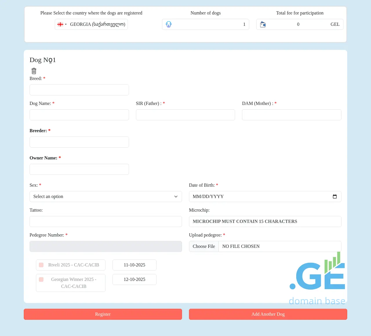 Screenshot of the site dogregistration.ge